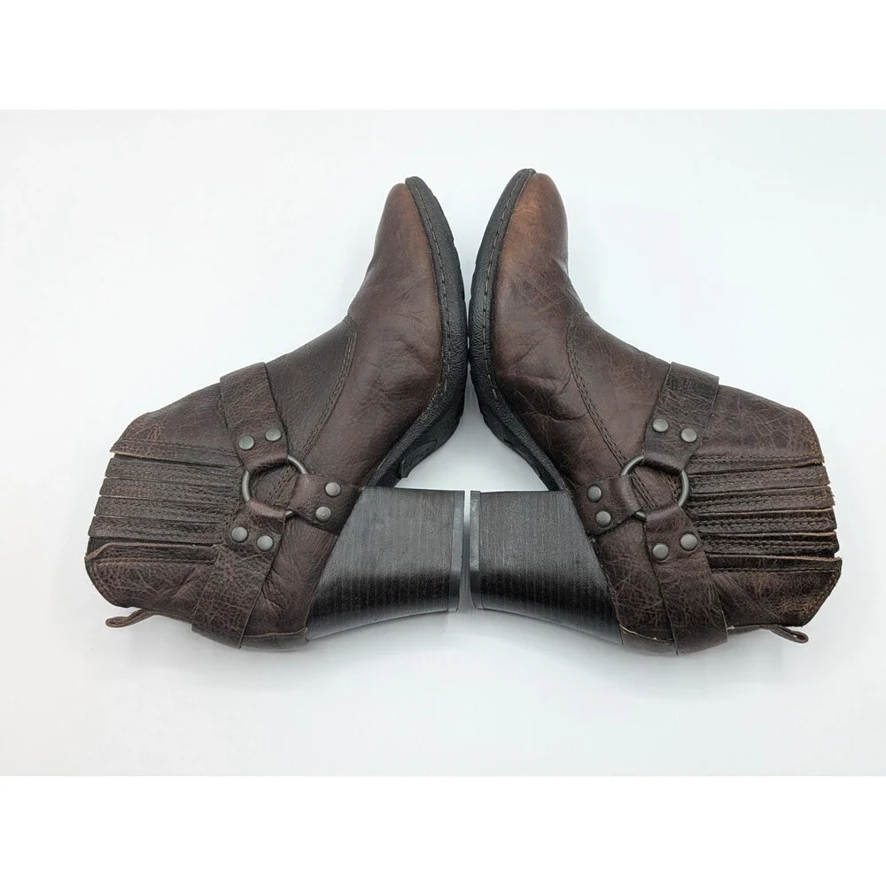 B.O.C Ankle Boots Women 8 Brown Leather Harness Block Heel Ring Buckle Strap